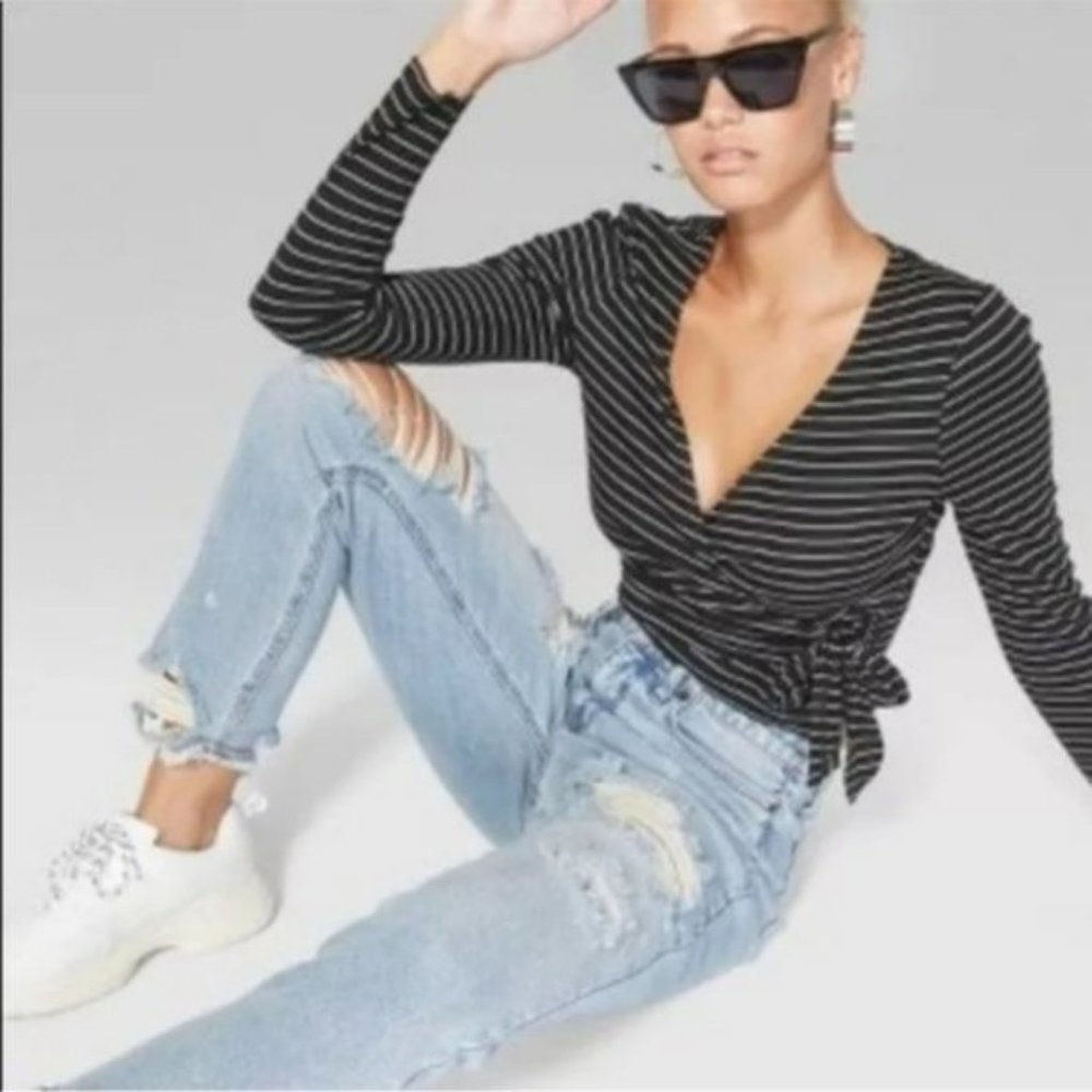 Black and White Striped Faux Wrap Tie Crop Top